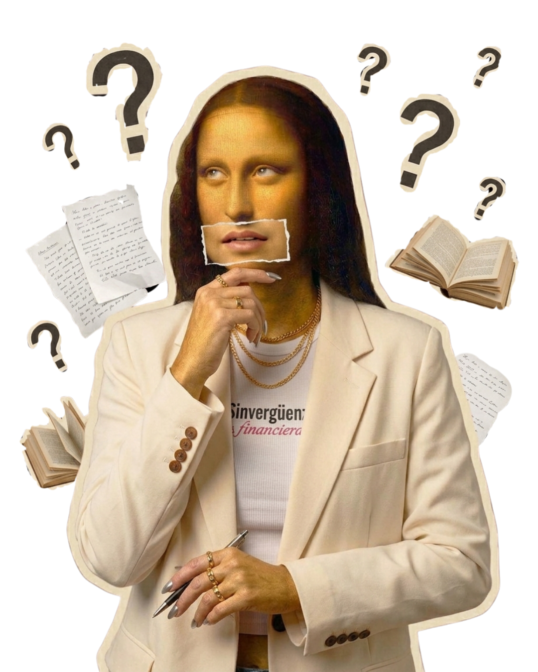La Aprendiz Bloqueada — Mona Lisa de blazer blanco rodeada de signos de interrogación y libros