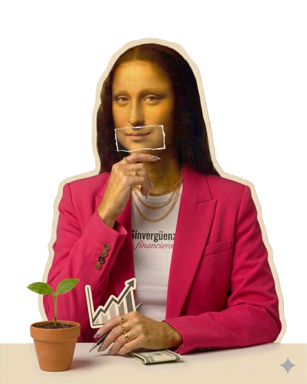 La Constructora Consciente — Mona Lisa de blazer fucsia con una plantita y una gráfica en ascenso