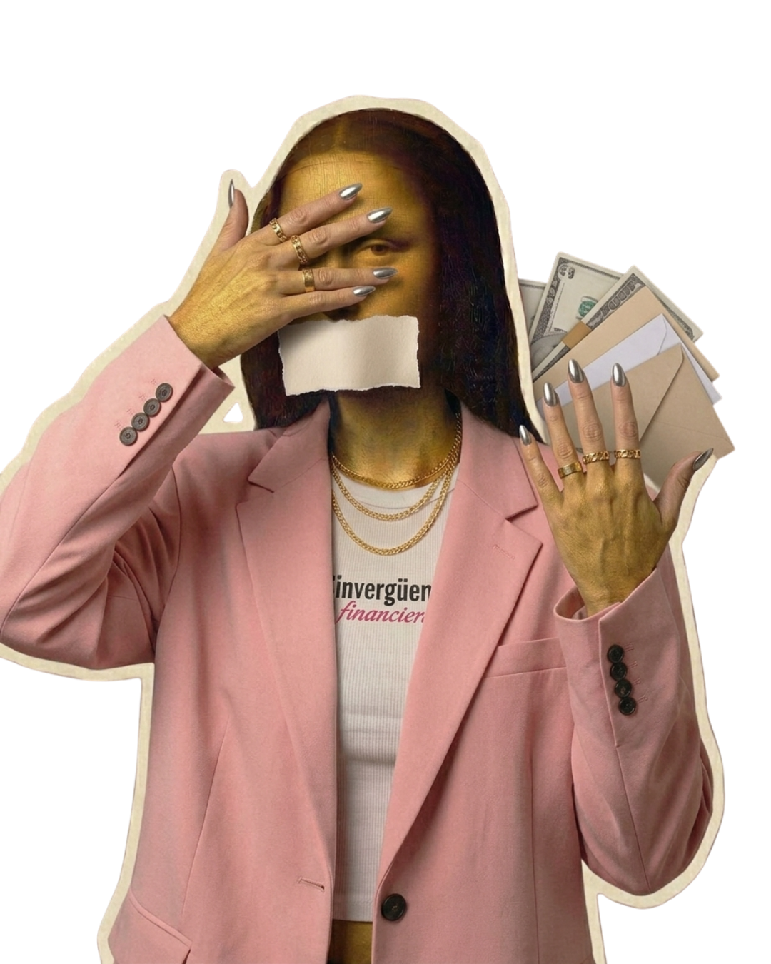 La Evitadora Ansiosa — Mona Lisa de blazer rosado tapándose los ojos
